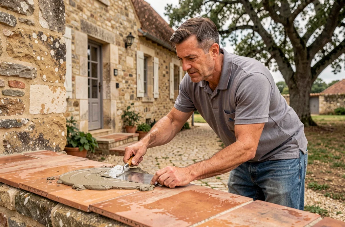 Maçon de l'entreprise ACBTP posant des matériaux traditionnels sur une propriété restaurée à Madirac