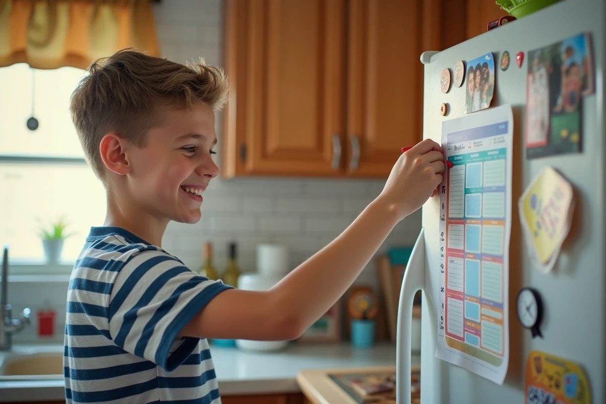Adolescent souriant affichant un planner sur le frigo de la cuisine