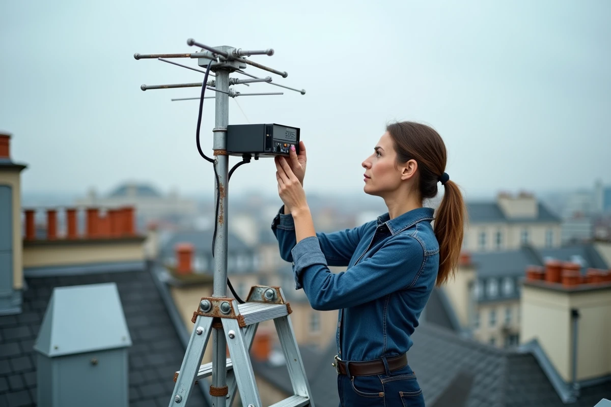 Femme vérifiant la connexion d'un amplificateur d'antenne TNT sur un toit parisien