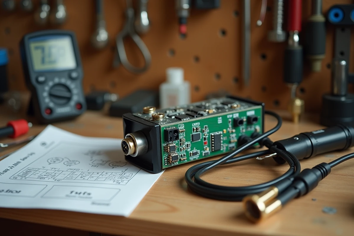 Amplificateur TNT démonté sur un établi avec câble coaxial endommagé et multimètre de diagnostic