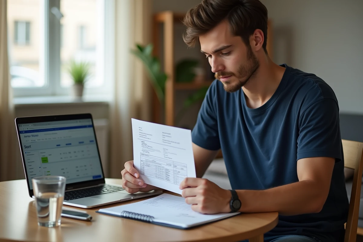Jeune homme analysant sa facture d'eau et calculant la consommation moyenne pour un appartement de trois personnes