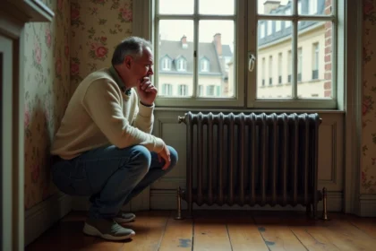 Homme contemplant un radiateur ancien dans un appartement parisien