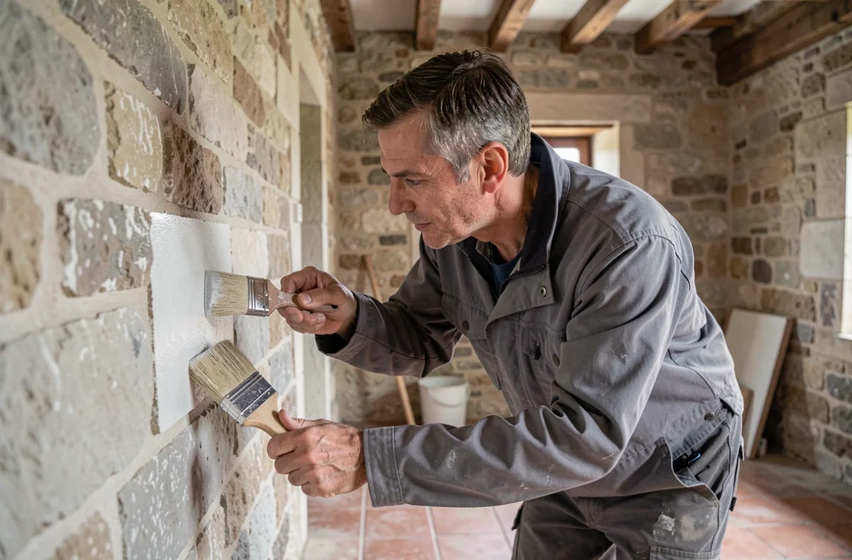 Artisan appliquant un traitement hydrofuge sur un mur en pierre intérieur d'une maison ancienne lors de travaux de rénovation