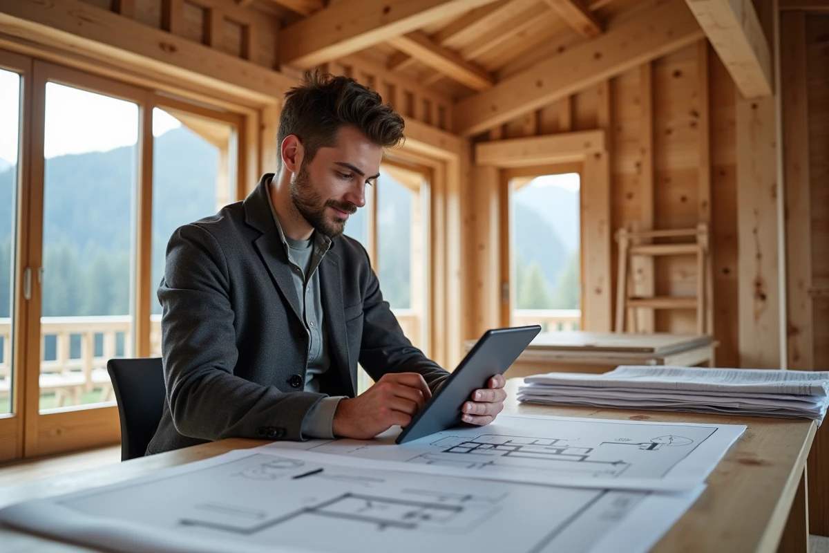 Jeune architecte étudie plans dans intérieur de chalet