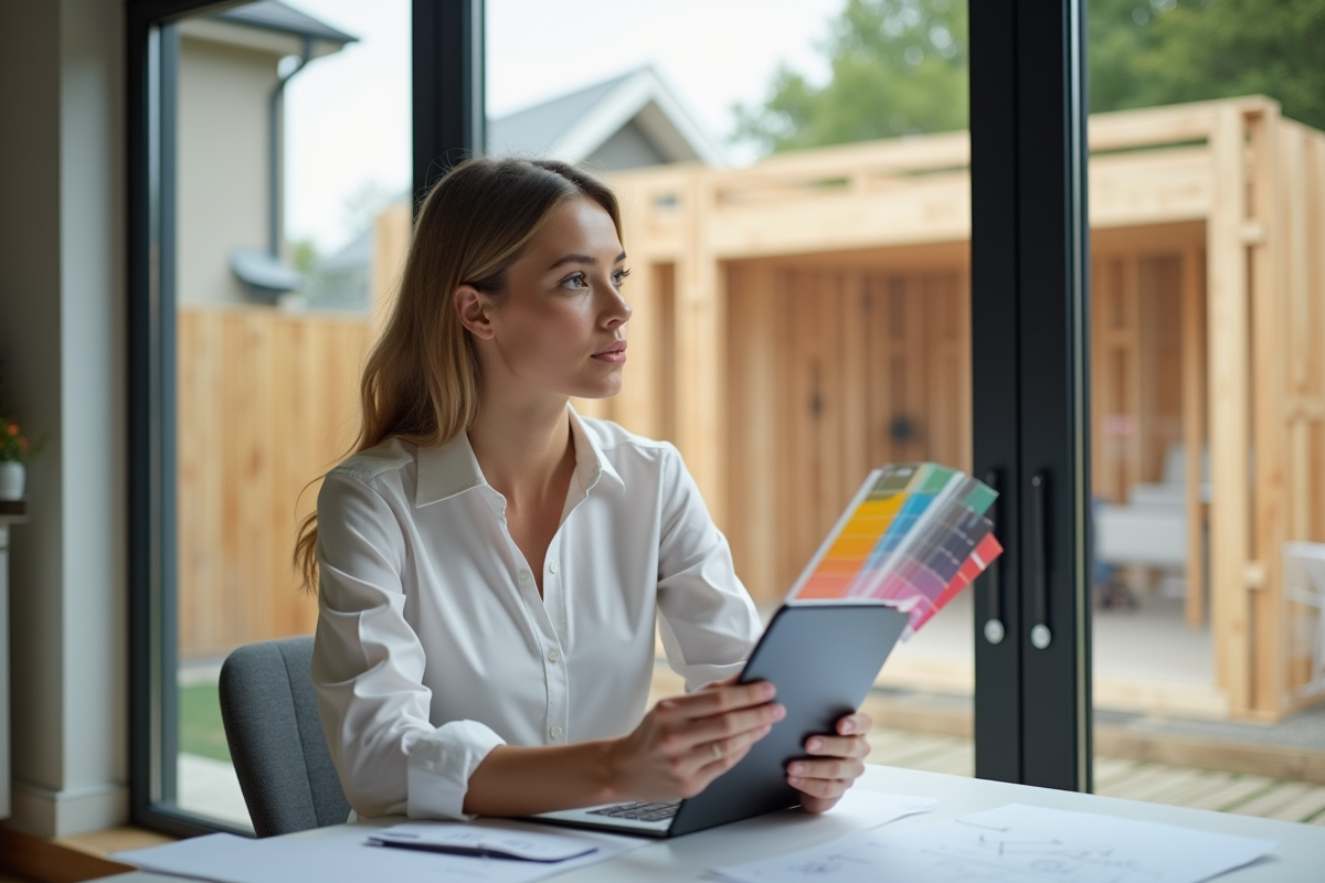 Architecte femme dans une cuisine avec projet en construction