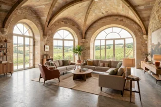 Vue d'ensemble d'un intérieur rénové en Bourgogne-Franche-Comté avec murs en pierre calcaire, mobilier contemporain et fenêtres arquées donnant sur les vignes
