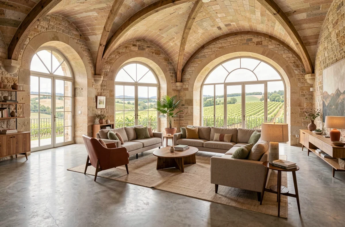 Vue d'ensemble d'un intérieur rénové en Bourgogne-Franche-Comté avec murs en pierre calcaire, mobilier contemporain et fenêtres arquées donnant sur les vignes