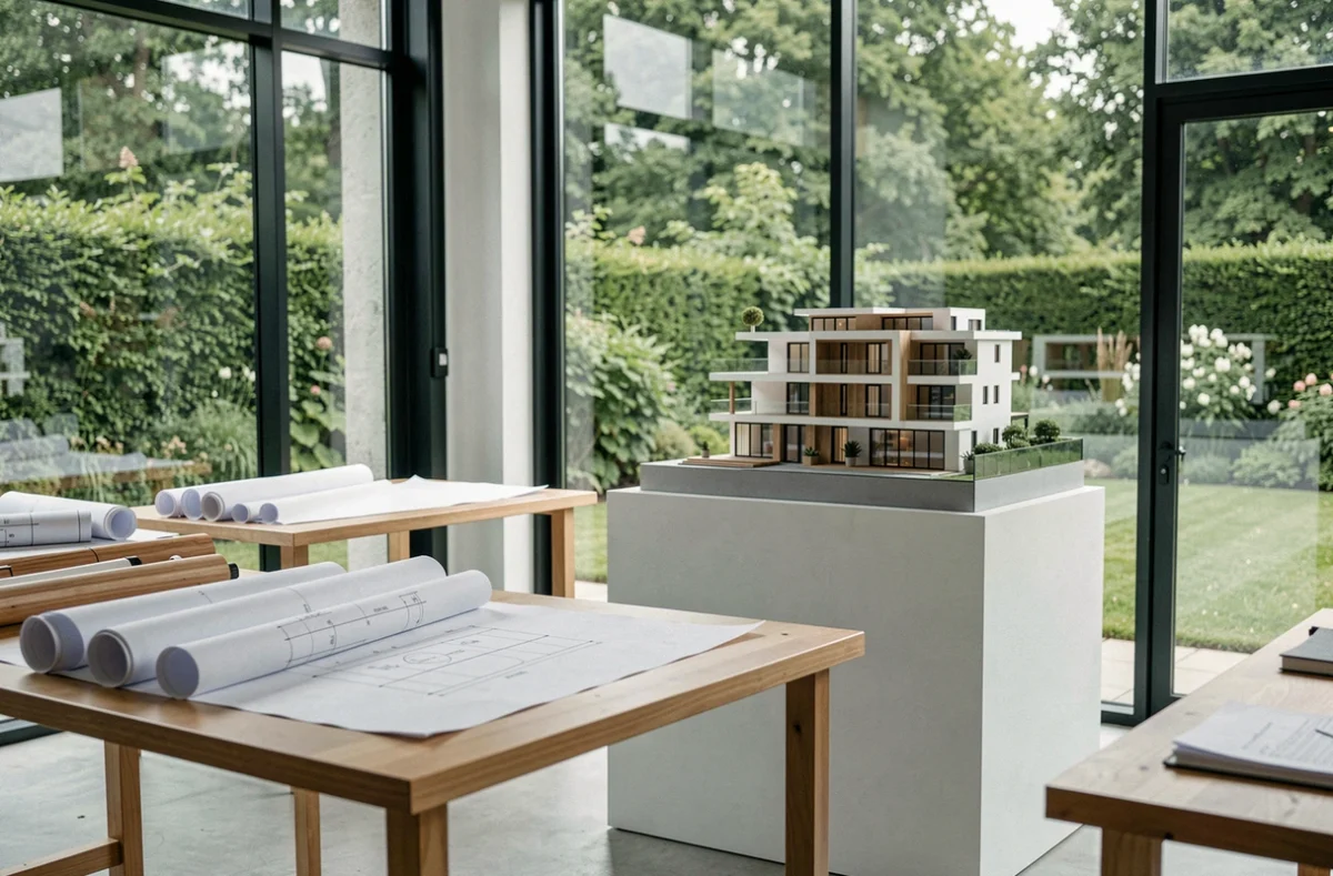 Cabinet d'architecture ARCHPOINT en Côte-d'Or avec tables à dessin, maquette résidentielle en balsa et verrière ouvrant sur un jardin verdoyant