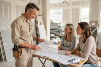 Artisan en uniforme de travail présentant un devis à un couple de propriétaires dans une cuisine en rénovation