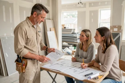 Artisan en uniforme de travail présentant un devis à un couple de propriétaires dans une cuisine en rénovation