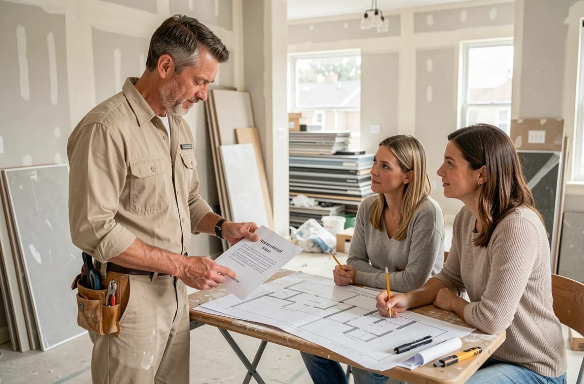 Artisan en uniforme de travail présentant un devis à un couple de propriétaires dans une cuisine en rénovation