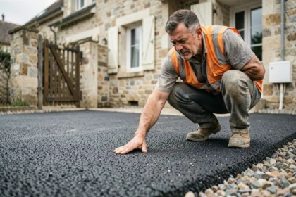 Artisan examinant la texture d'un enrobé drainant posé sur une allée de maison individuelle