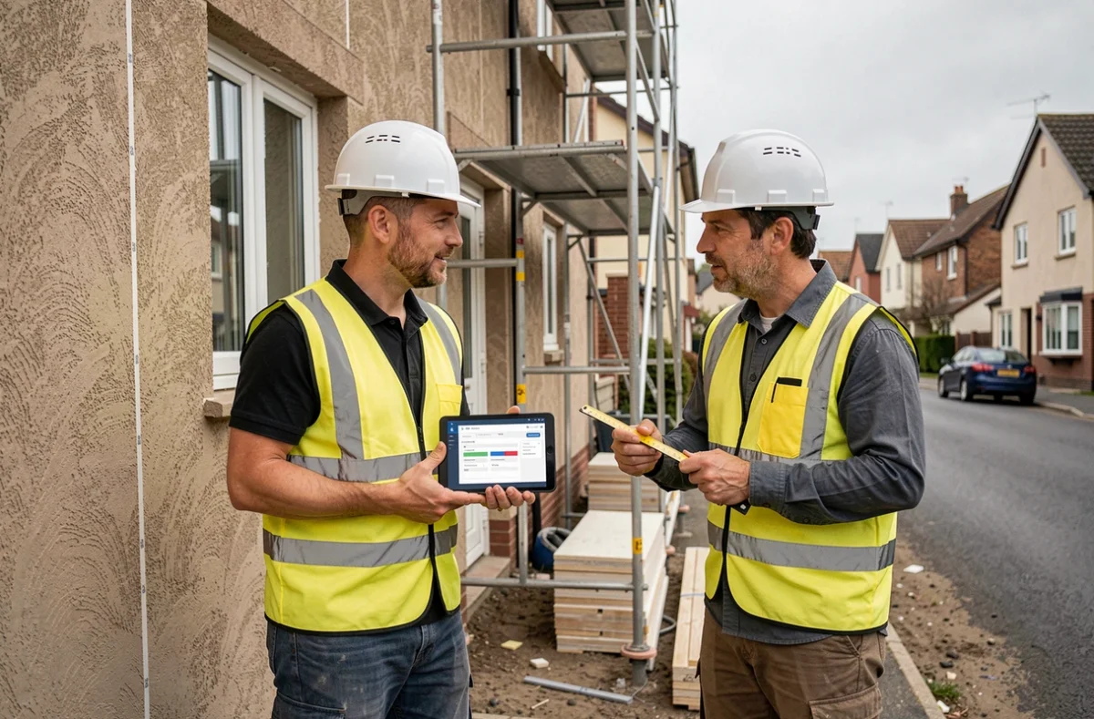 Deux artisans en gilet de sécurité examinant un devis numérique sur tablette devant un chantier de rénovation extérieure