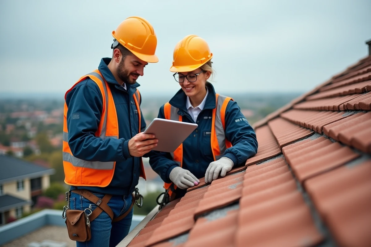 Deux artisans en uniforme inspectant une toiture rénovée avec tablette numérique affichant un devis