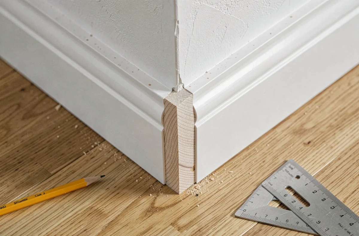 Gros plan d'un assemblage de plinthes en angle à 45 degrés avec joint parfaitement aligné sur parquet en chêne
