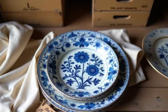 Assiettes en faïence de Moustiers avec décors floraux bleus et blancs posées sur une table en chêne ancien lors d'un marché antiquaire