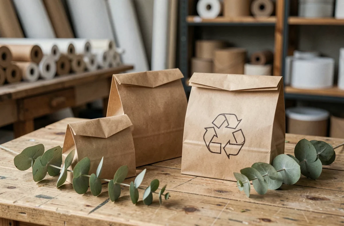 Assortiment de petits sacs en kraft recyclé disposés sur une surface en bois brut avec des feuilles d'eucalyptus séchées