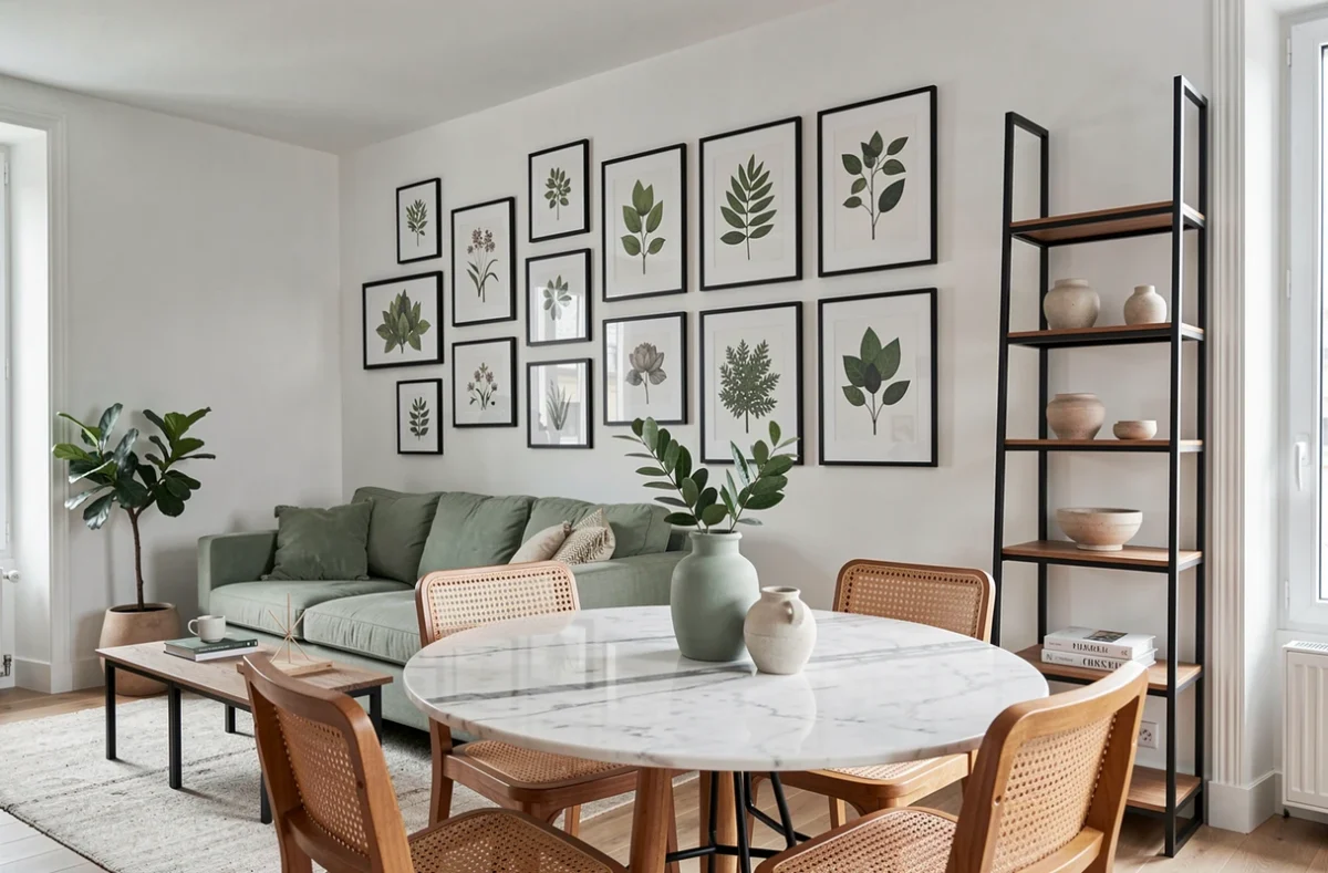 Appartement à Besançon décoré dans un style scandinave épuré avec table en marbre, chaises en rotin et mur de cadres botaniques, signé Atelier WelcHome In