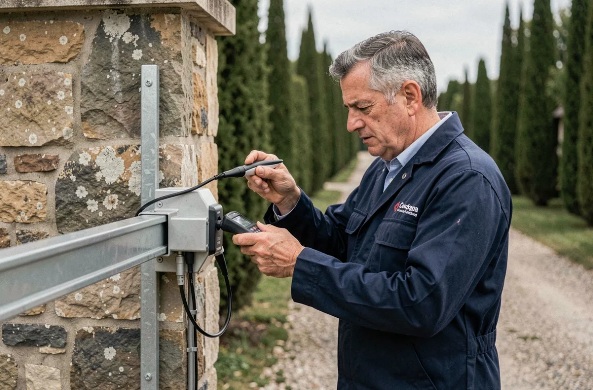 Technicien spécialisé en automatismes inspectant un portail motorisé dans le sud de la Gironde