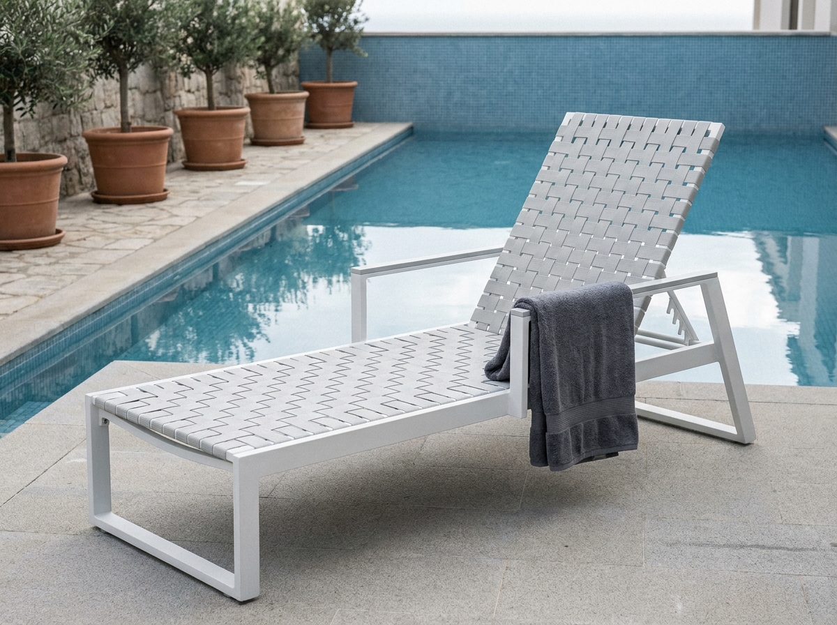 Bain de soleil en aluminium blanc moderne avec assise en sangle synthétique au bord d'une piscine extérieure