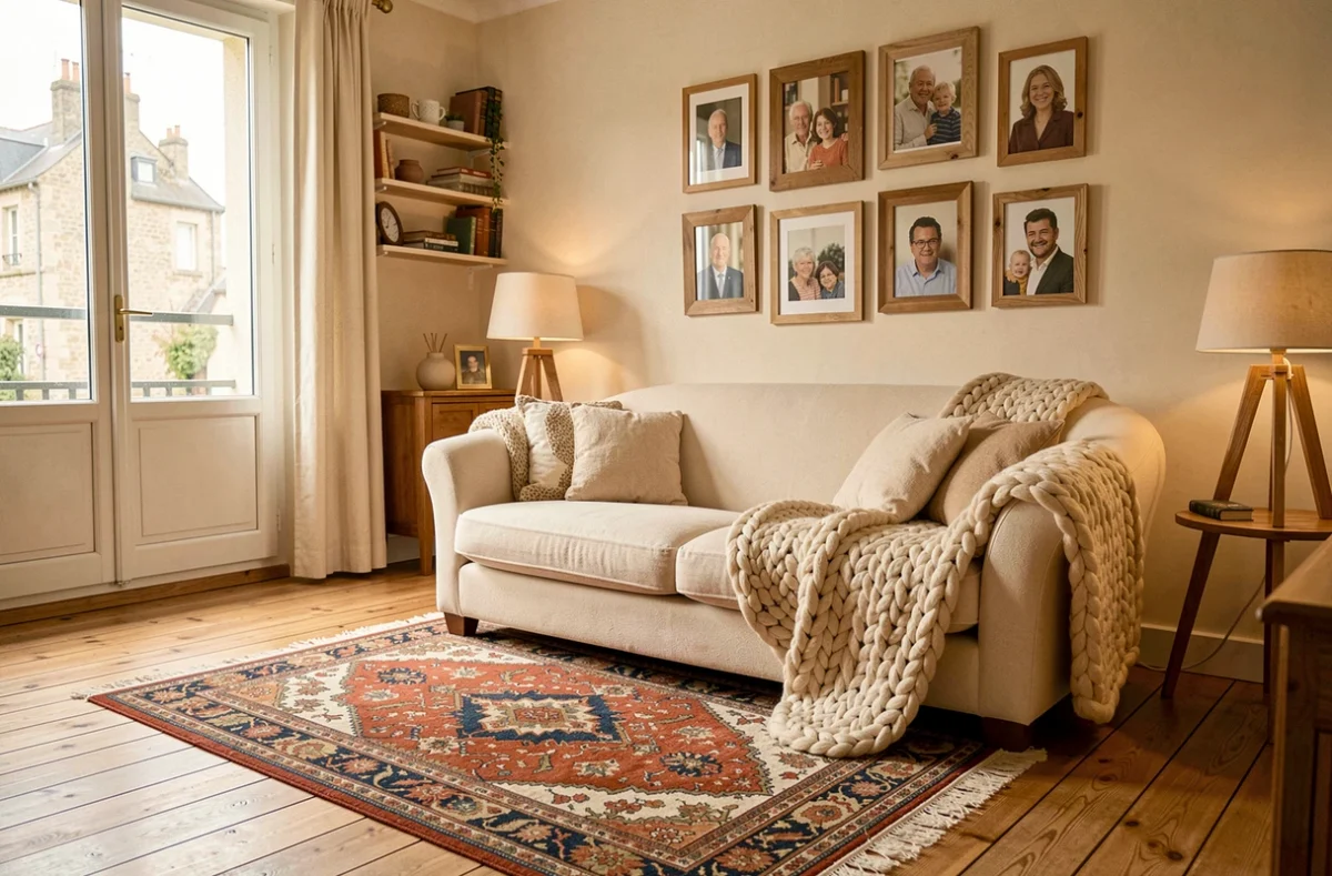 Intérieur résidentiel chaleureux à Dijon conçu par Bérangère Girardin avec canapé incurvé en crème, tapis marocain noué à la main et mur de photos de famille