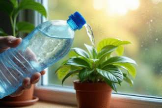 Bouteille d'eau inversée arrosant une plante verte ensoleillée