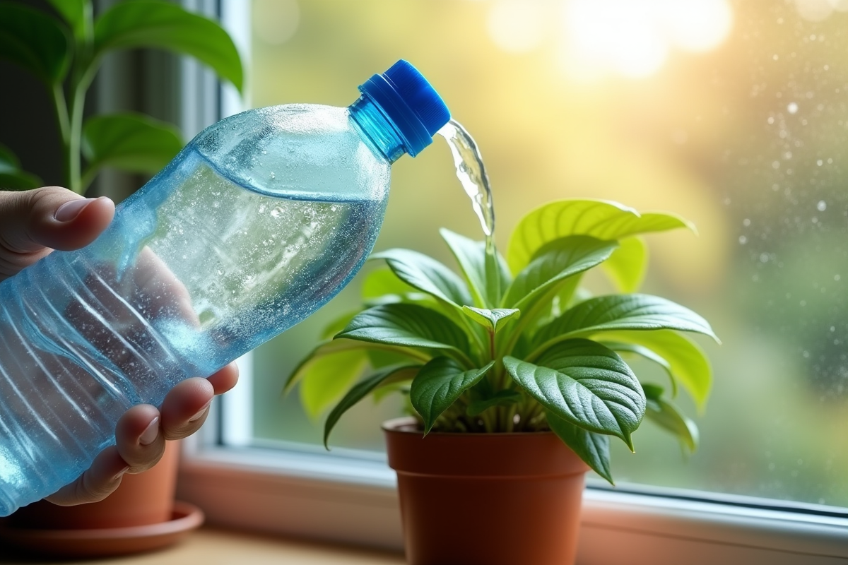 Bouteille d'eau inversée arrosant une plante verte ensoleillée