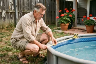 Homme mesurant le diamètre d'une piscine ronde avec un mètre ruban pour calculer la surface en m²