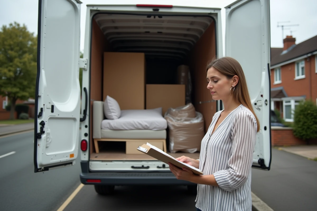 Camion de déménagement ouvert dans une rue résidentielle avec une femme consultant un devis de transport