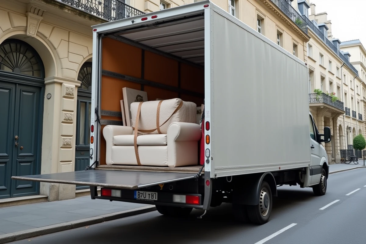 Camion de déménagement ouvert chargé de meubles emballés et sécurisés dans une rue parisienne