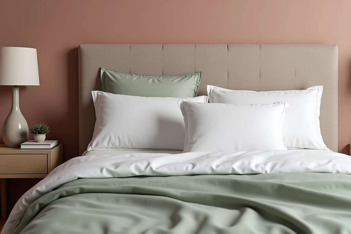 Chambre Airbnb élégamment décorée avec literie blanche, tête de lit en bouclé taupe et accessoires déco minimalistes pour sublimer une annonce locative