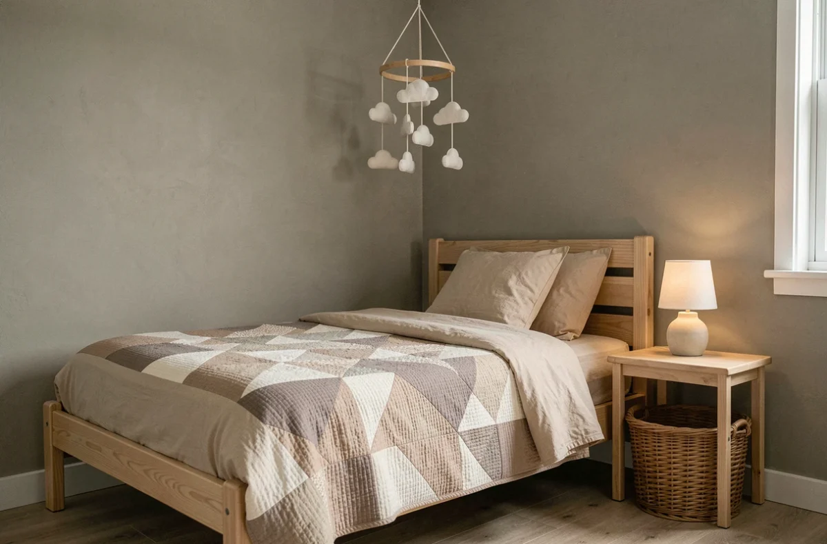 Chambre de bébé neutre avec lit en bois naturel, linge de lit beige et quilt géométrique en tons doux, ambiance reposante sans surstimulation visuelle