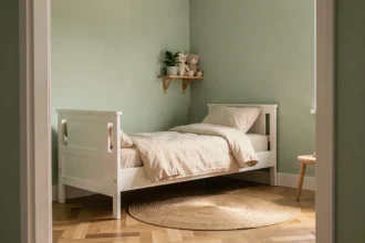 Chambre d'enfant aux murs vert sauge pastel avec lit en bois blanc et literie crème, décoration apaisante pour un sommeil de qualité