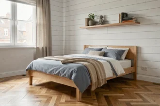 Chambre garçon style scandinave avec lit en bois naturel, literie bleue et grise et murs en planches blanches
