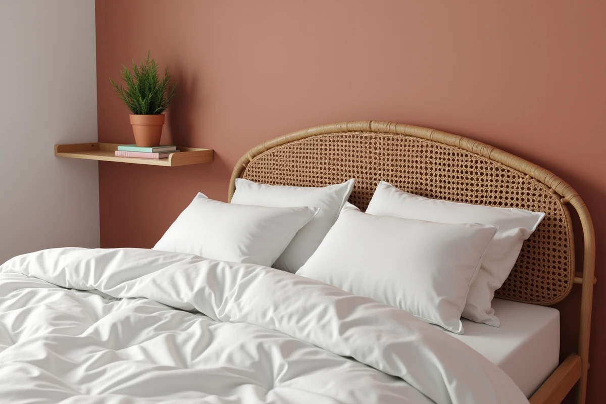 Chambre douillette avec mur en rose argile, tête de lit en rotin et plante en pot, décoration 2026