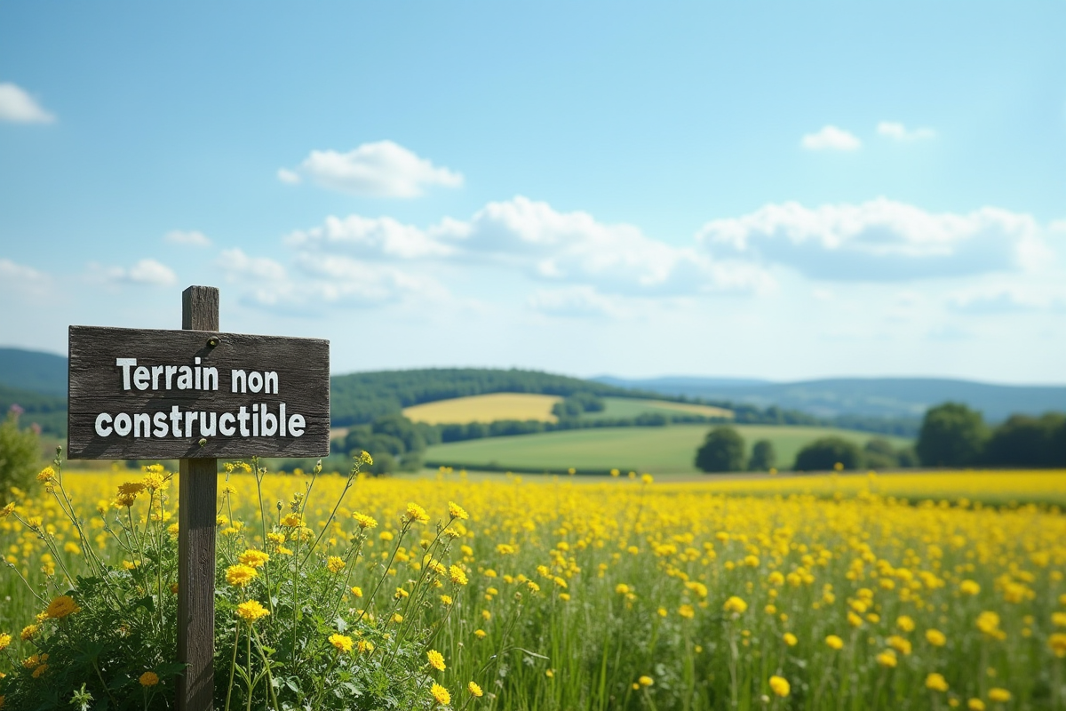 Champ de campagne en France avec panneau terrain non constructible