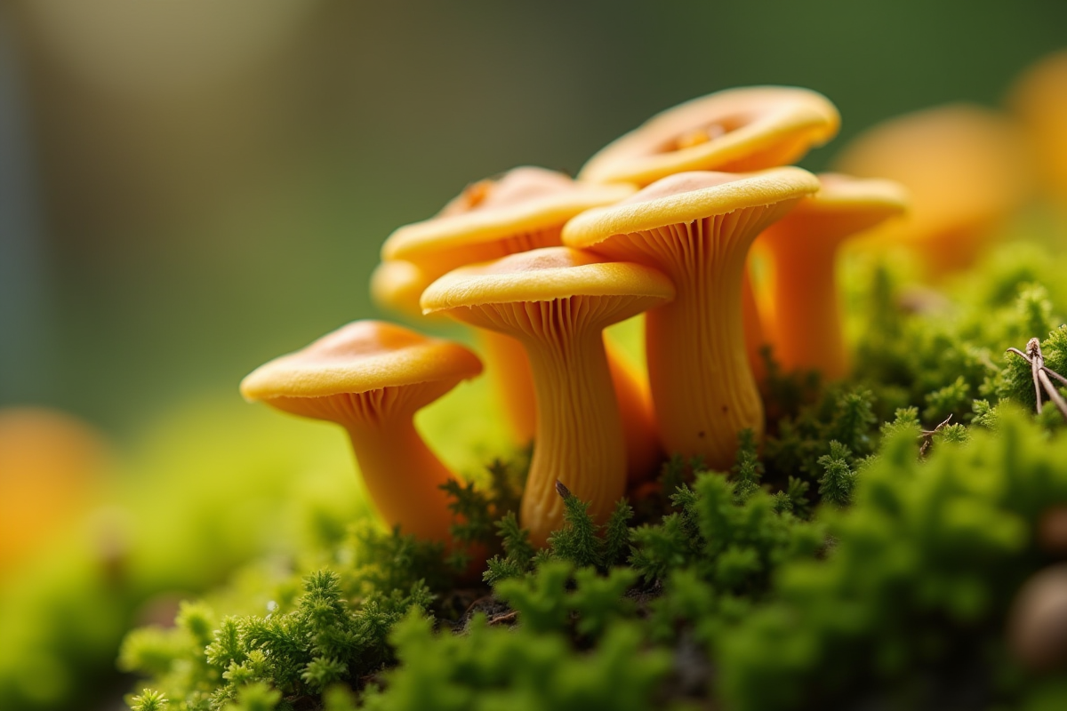 Petite grappe de chanterelles jaunes dans un jardin vert