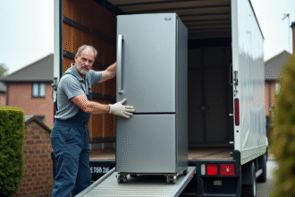 Homme en tenue de travail manœuvrant un frigo dans un camion