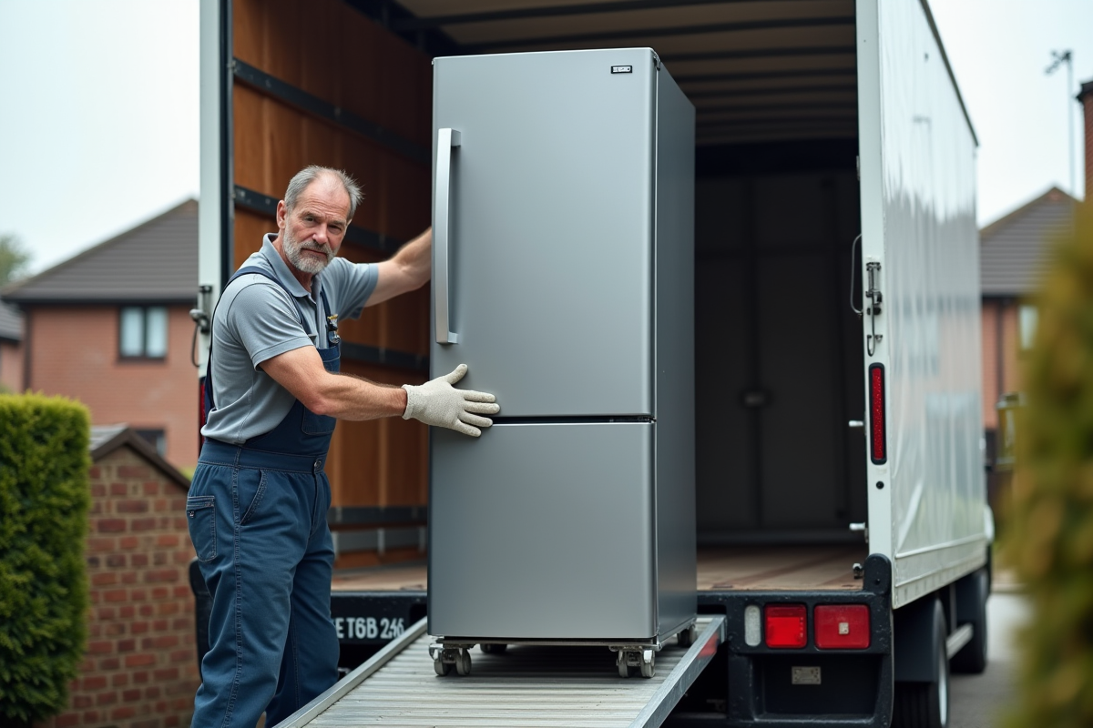 Homme en tenue de travail manœuvrant un frigo dans un camion