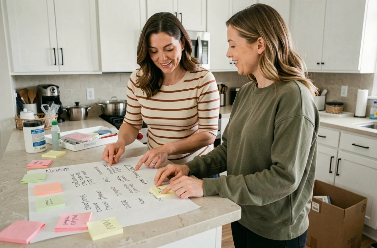 Deux femmes organisant leur déménagement avec une checklist papier et des notes autocollantes dans une cuisine