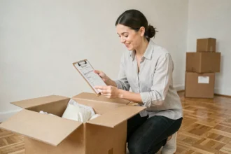 Femme vérifiant sa checklist de déménagement dans un appartement vide avec des cartons ouverts