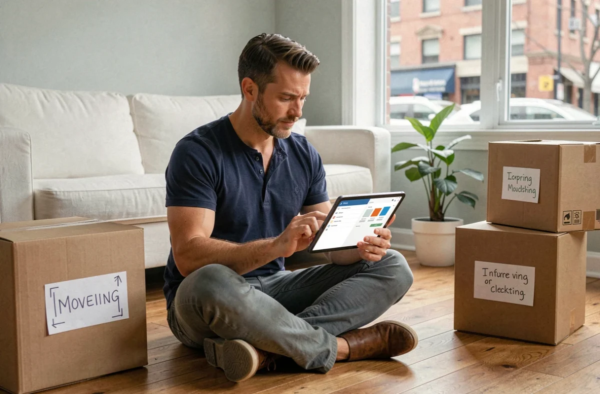Homme assis entouré de cartons utilisant une checklist numérique sur tablette lors d'un déménagement