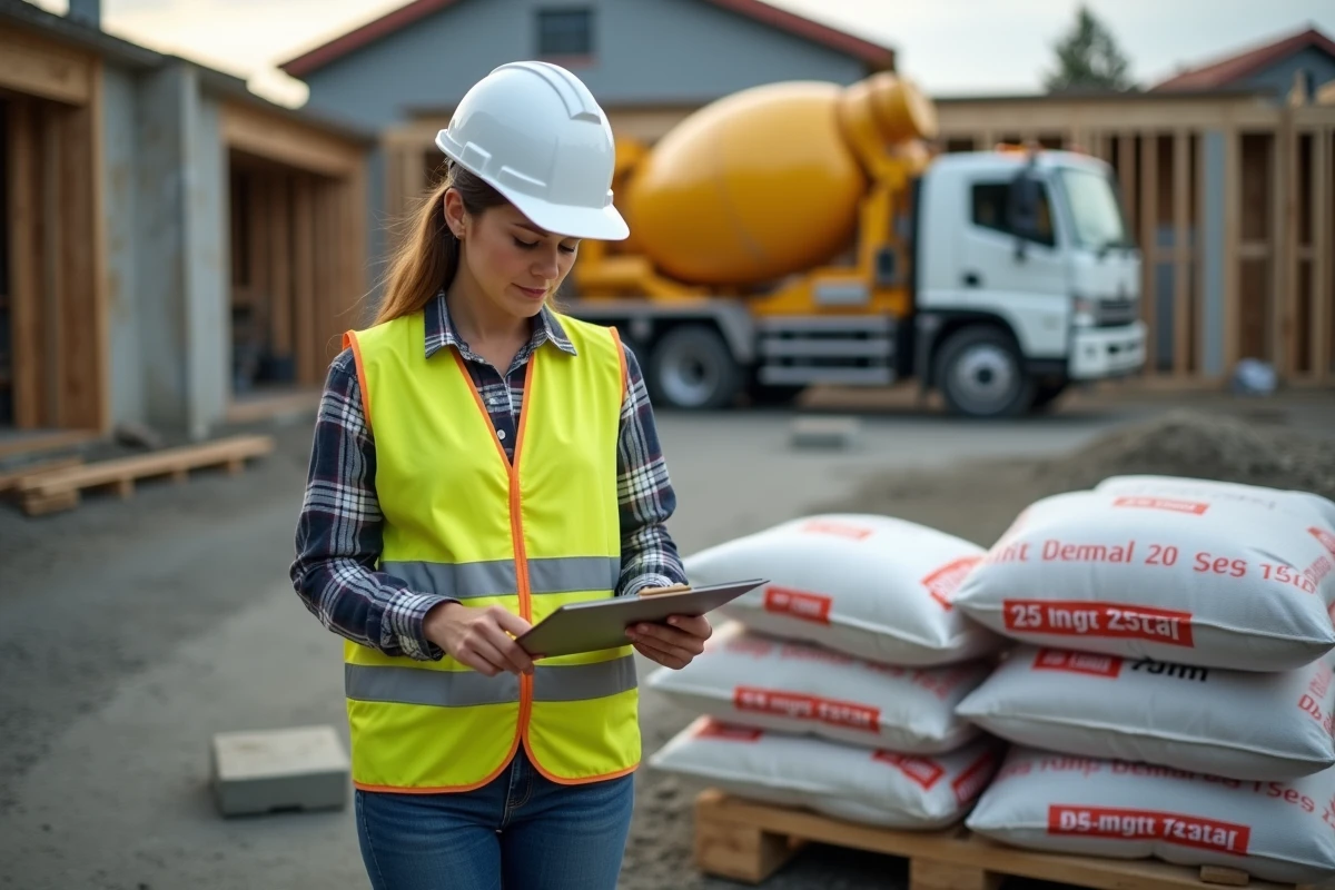 Chef de chantier féminine vérifiant les quantités de sacs de ciment de 25 kg pour la construction d'un garage