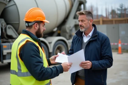Chef de chantier négociant avec un livreur sur site de construction