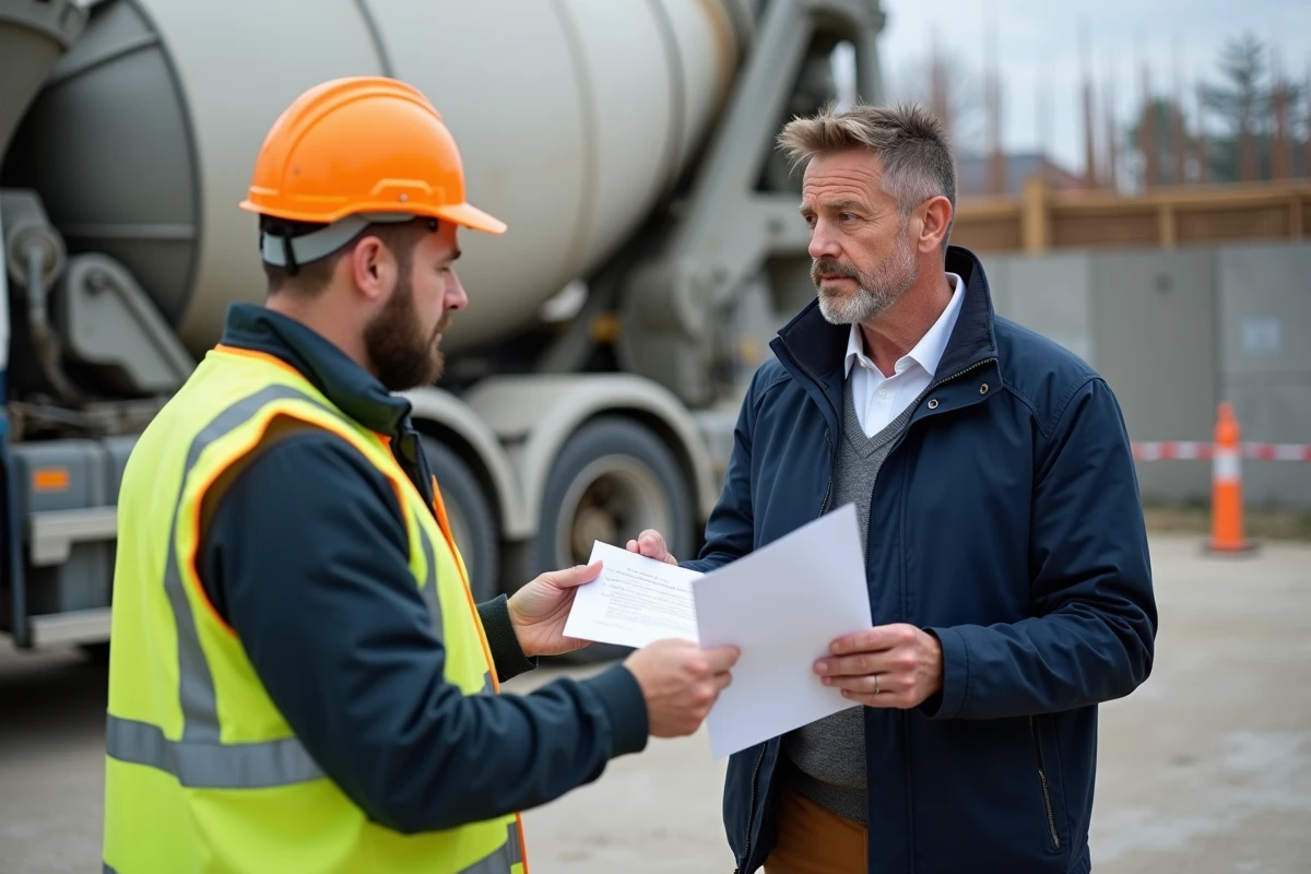 Chef de chantier négociant avec un livreur sur site de construction