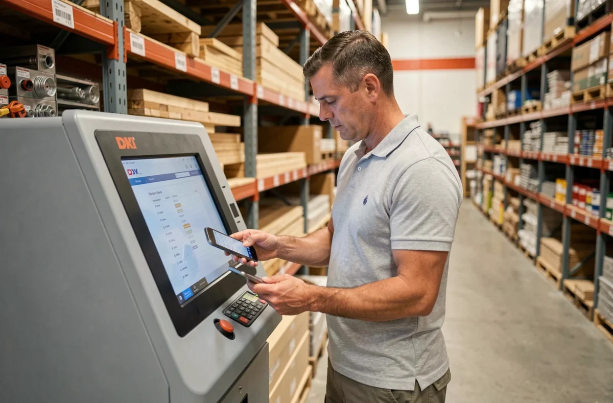 Client utilisant une borne numérique pour localiser un produit et gagner du temps en rayon dans un magasin de bricolage