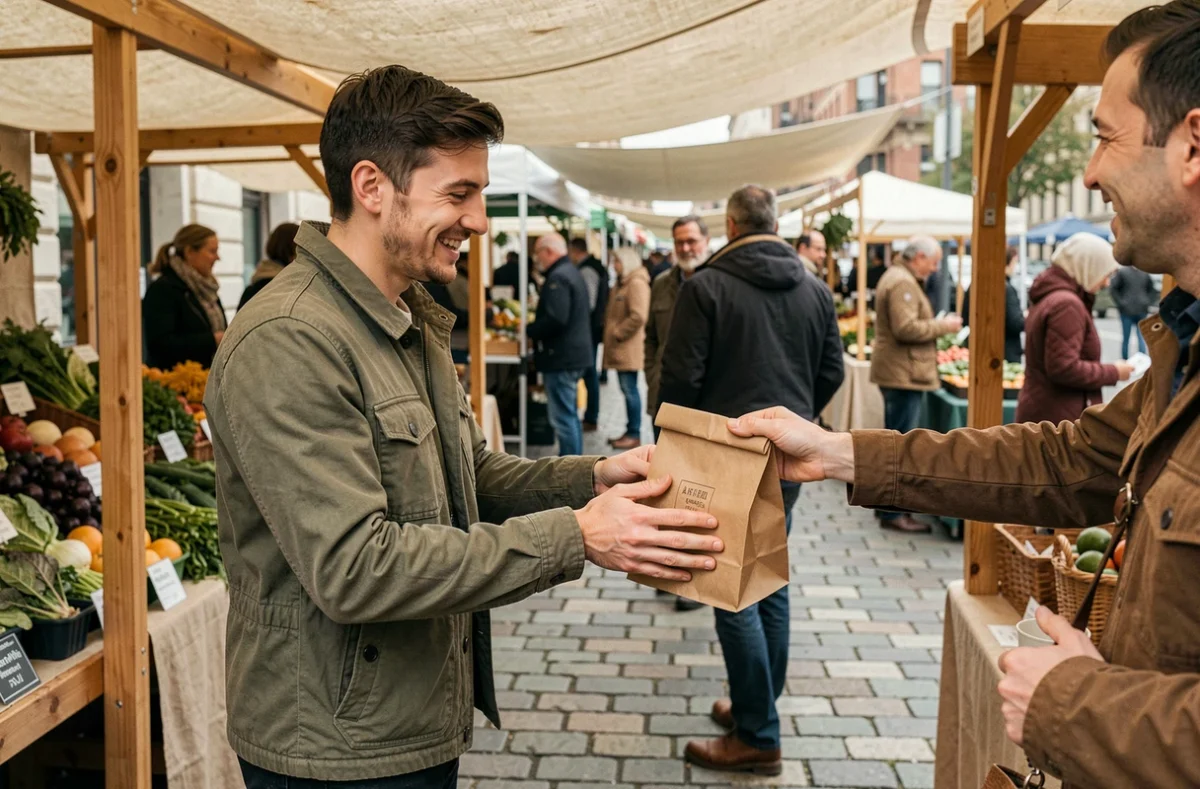 Client recevant un petit sac en kraft d'un commerçant dans un marché extérieur, illustrant un commerce plus écologique