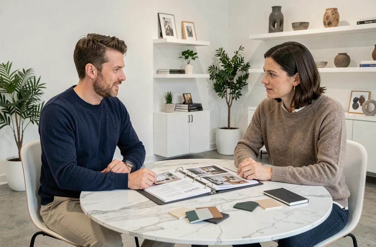 Client et consultant en décoration discutant d'un devis détaillé autour d'une table dans un showroom moderne