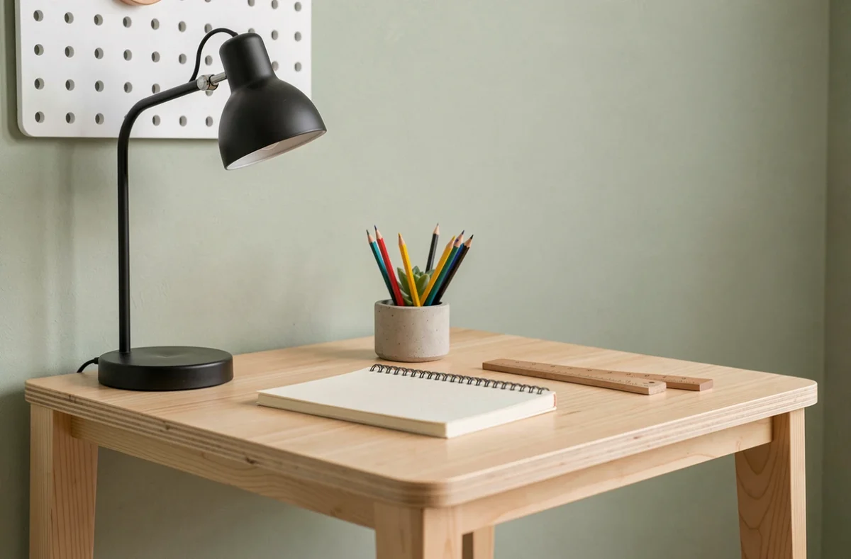Coin bureau scandinave pour chambre garçon avec desk en bouleau, accessoires minimalistes et mur vert sauge