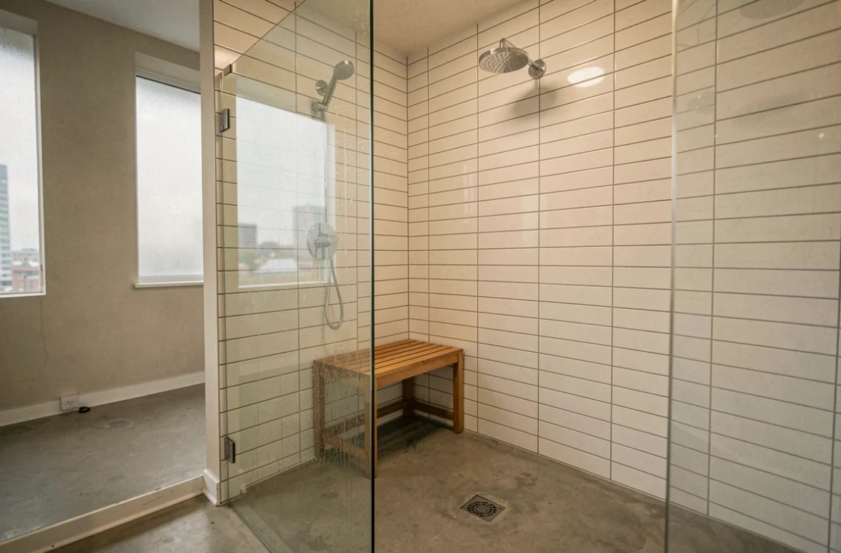 Coin douche dans un studio avec paroi en verre frameless, carrelage métro blanc et sol en béton poli